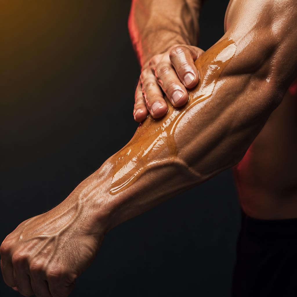 Big Bull Oil massage oil applied on a muscular forearm with raised veins