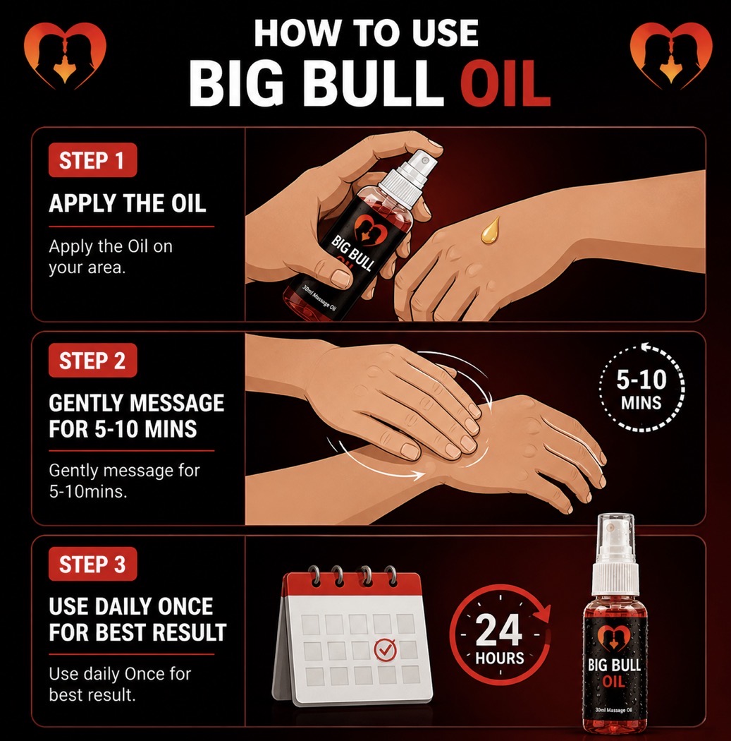 How to use Big Bull Oil — apply the oil, gently massage 5–10 minutes, use daily once
